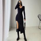 Deep V-neck Side-slit Knit Midi Dress