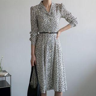 Open-placket Floral Midi Flared Dress