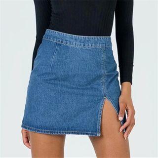 Slit-hem Denim Mini Fitted Skirt