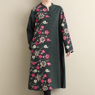 Long-sleeve Midi Flower Embroidered Dress