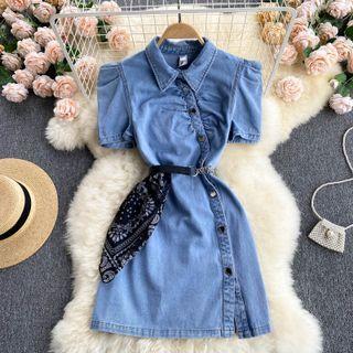 Asymmetrical Single-breasted Puff-sleeve Denim Dress