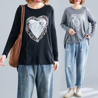 Print Round-neck Batwing-sleeve Knit Top