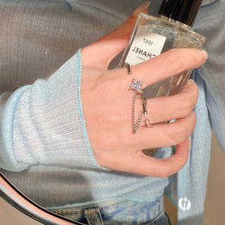 Chain Rhinestone Alloy Open Ring 1pc - Silver - One Size