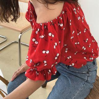 Cherry Printed Off-shoulder Top