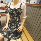 Set: Elbow-sleeve Lace Top + Floral A-line Pinafore Dress