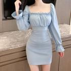 Square-neck Lace-up Back Mini Bodycon Dress