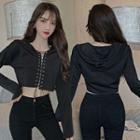 Long-sleeve Hooded Lace-up Top Black - One Size