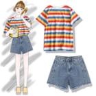 Striped Short-sleeve T-shirt / Fray Hem Denim Shorts