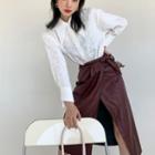 Plain Long-sleeve Shirt / Plain High-waist Faux Leather Skirt