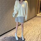 Rhinestone V-neck Sweater / Tweed Mini A-line Skirt