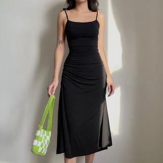 Tie-shoulder Open-back Ruched Midi Dress