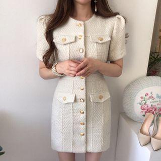 Short-sleeve Button-up Tweed Mini Sheath Dress