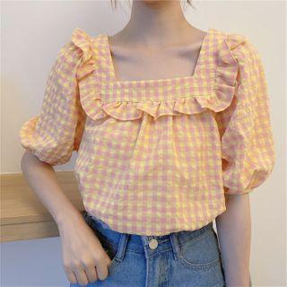 Plaid Puff-sleeve Top