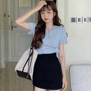Short-sleeve Drawstring Cropped Top / Drawstring Mini Pencil Skirt