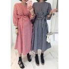 V-neck Tie-waist Gingham Long Dress