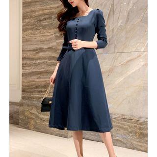Long-sleeve Square-neck Plain Dress