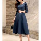 Long-sleeve Square-neck Plain Dress
