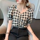 Ruched Gingham Puff-sleeve Cropped Blouse