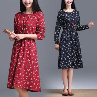 Long-sleeved Floral Print Loose-fit Crewneck A-line Sheath Cotton Dress