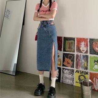 High Waist Asymmetric Split Denim Skirt