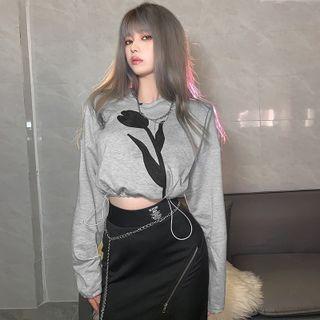 Flower Embroidered Drawstring Cropped Sweatshirt