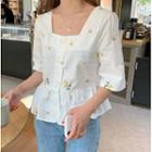 Square-neck Short-sleeve Floral Embroidered Blouse