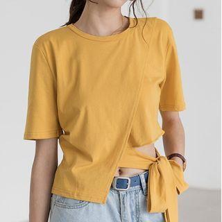 Asymmetric Tie-waist Short-sleeve Plain Top