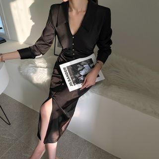 Button-trim Shirred-side Satin Dress