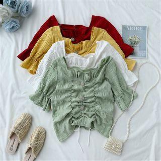 Square-neck Puff-sleeve Ruched Blouse