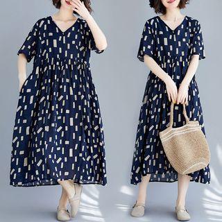 Print V-neck Short-sleeve Long Dress As Shown In Figure - L