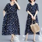 Print V-neck Short-sleeve Long Dress As Shown In Figure - L