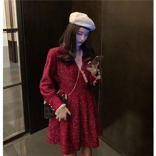 Mesh Trim Glitter Long-sleeve A-line Mini Dress