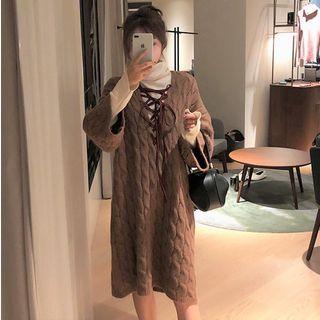 Set: Long-sleeve Turtleneck Knit Top + Cable-knit Midi Sweater Dress
