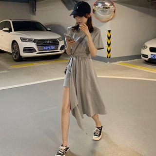 Short-sleeve Midi A-line Dress Gray - One Size