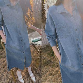 Dual-pocket Denim Long Shirtdress Blue - One Size