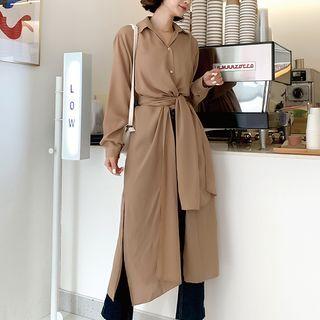 Tie-waist Deep-slit Long Blouse