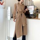 Tie-waist Deep-slit Long Blouse