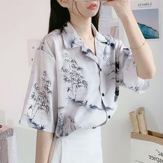 Elbow-sleeve Printed Chiffon Shirt As Shown In Figure - One Size