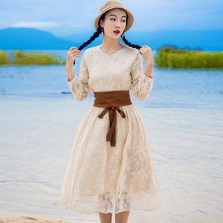 Lace Long Sleeve Dress With Waist Belt