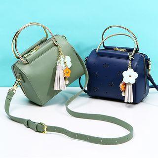Faux Leather Boston Bag With Flower Charm