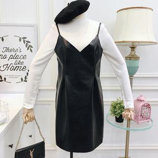 Set: Mock-neck Top + Faux-leather Sleeveless Dress