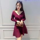 Lace Trim V-neck Long-sleeve A-line Knit Dress