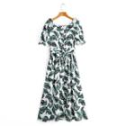 Short-sleeve Maxi Leaf Print A-line Dress