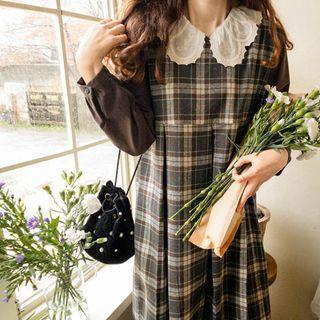 Pleat-hem Plaid Long Overall Dress