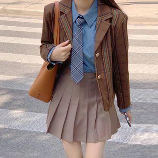 Plaid Blazer / Neck Tie Shirt / Pleated Skirt