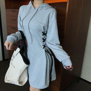 Plain Lace-up Long-sleeve Slim-fit Hooded Dress