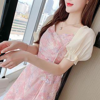 Puff-sleeve Panel Beaded Mini A-line Dress