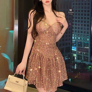 Spaghetti-strap Mini A-line Sequin Dress