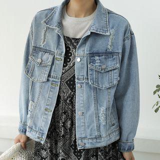 Ripped Denim Trucker Jacket Blue - One Size