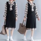 Long-sleeve Plaid Shirt / Midi Knit Pinafore Dress / Set